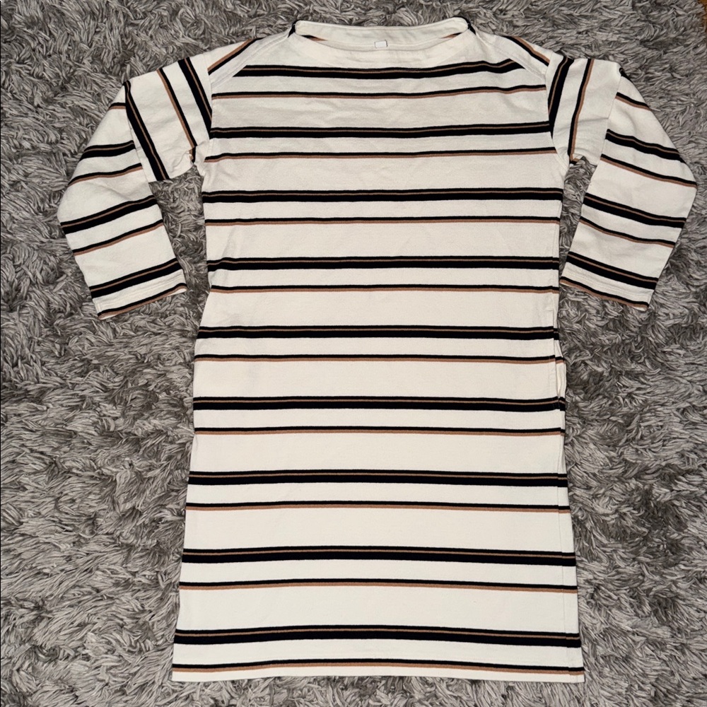 Uniqlo White Dress with Black and Brown Stripes